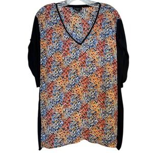 Nue Options Women's Black Multicolor Floral V-Neck‎ Short Sleeve Blouse Size 2X